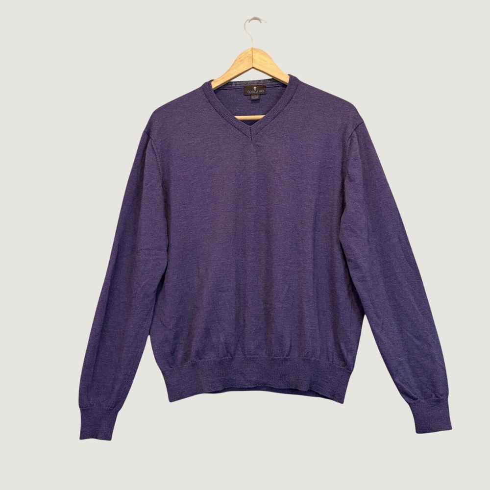 Toscano V-Neck Sweater Mens Large Purple Heathered 100% Merino Wool Italian Knit